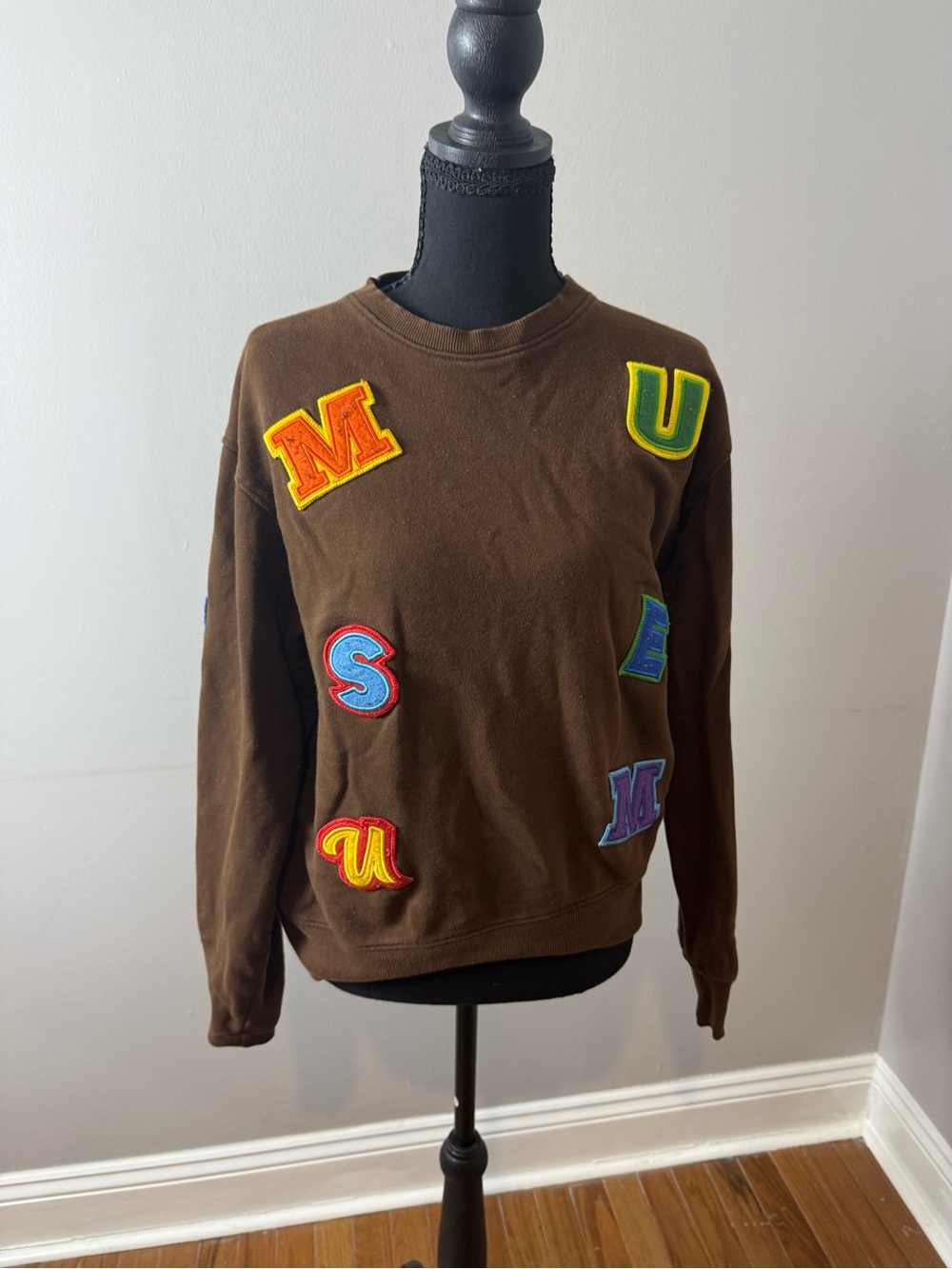 Men's Brown Crewneck Sweater with Colorful Letter Patches
